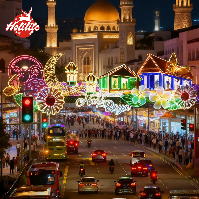 Crescent moon Ramadan light made with galvanized steel frame and waterproof LED string lights.