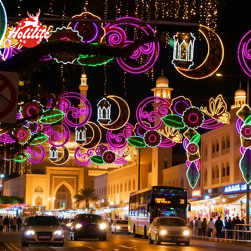 Ramadan crescent moon light sculpture with waterproof LED string lights for outdoor decoration