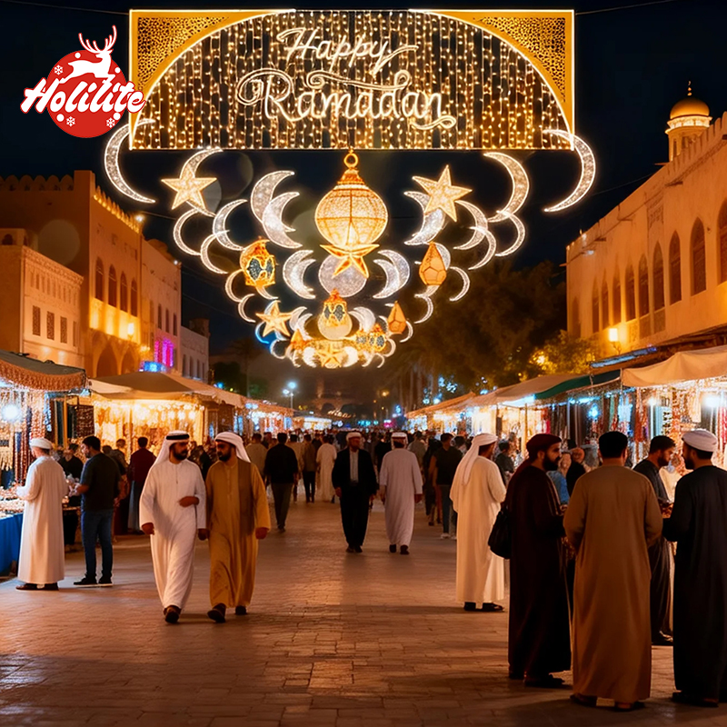 Crescent moon Ramadan light made with galvanized steel frame and waterproof LED string lights.