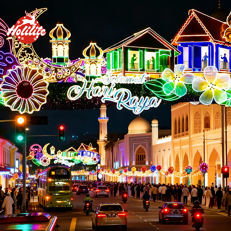 Crescent moon Ramadan light made with galvanized steel frame and waterproof LED string lights.