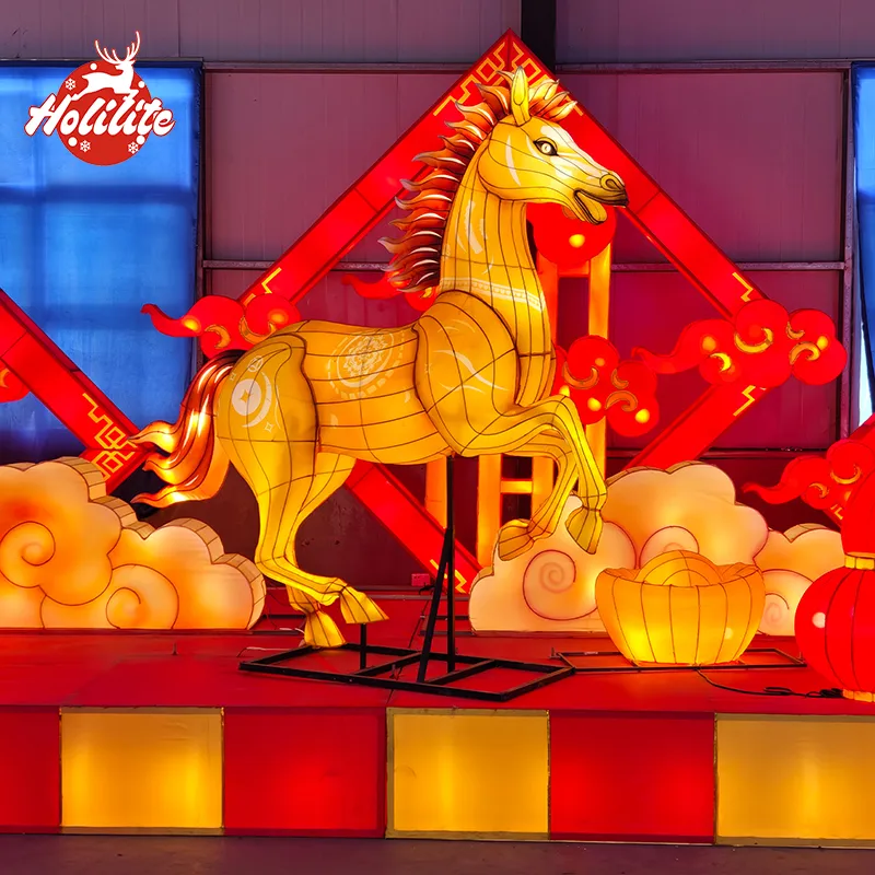 Custom Year of the Horse lantern display manufactured for large-scale commercial and municipal festival decoration projects
