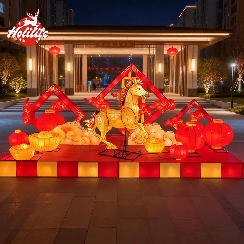 Illuminated Year of the Horse lantern display using waterproof LED bulbs for night-time outdoor festival decoration
