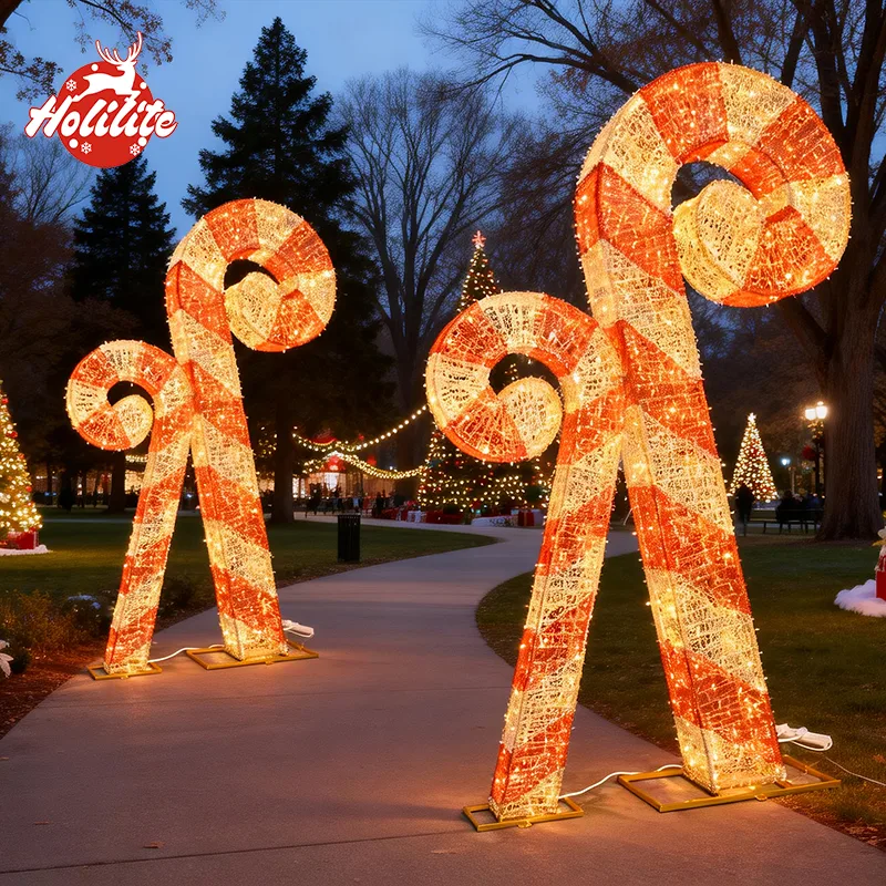 Commercial outdoor installation of 3D candy cane decoration lights for festive city projects