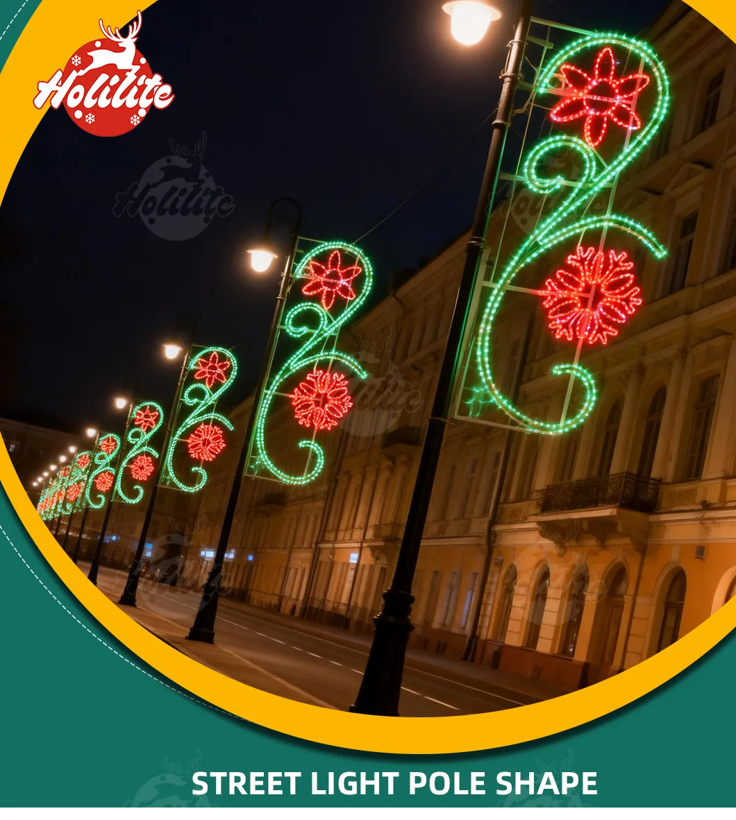 2D festive street pole light decoration installed on city streets for outdoor festive lighting projects