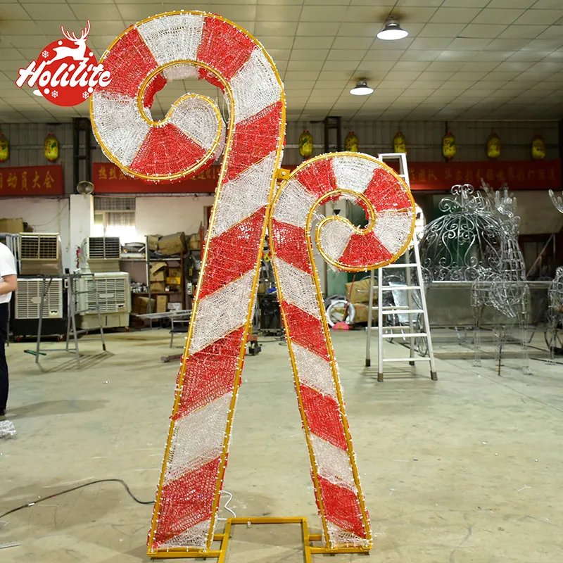 Municipal-grade 3D candy cane decoration light used for city street festive decoration