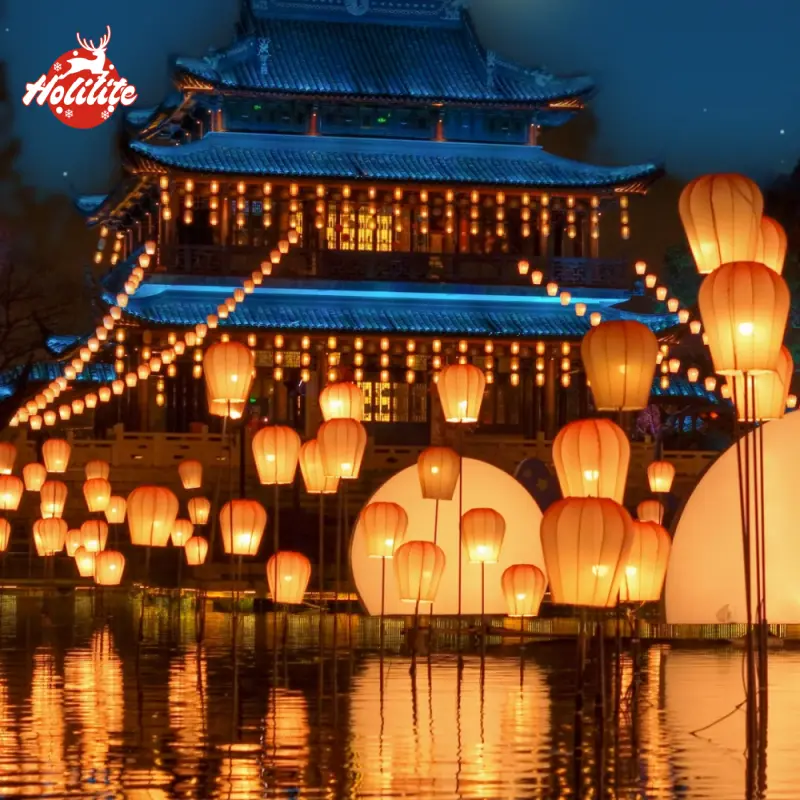 Water-based decorative lanterns installed on water creating immersive outdoor park lighting displays