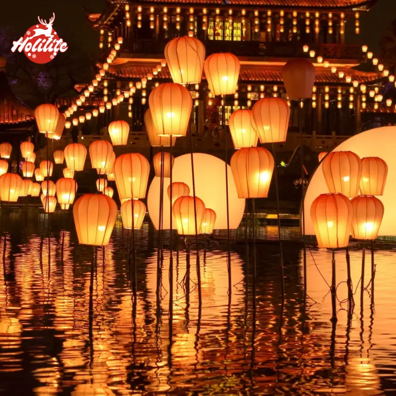 Commercial water-based decorative lanterns used in large-scale outdoor and public lighting projects