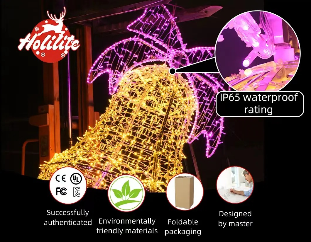 Christmas bell shape street light mounted on street lamp for outdoor holiday decoration