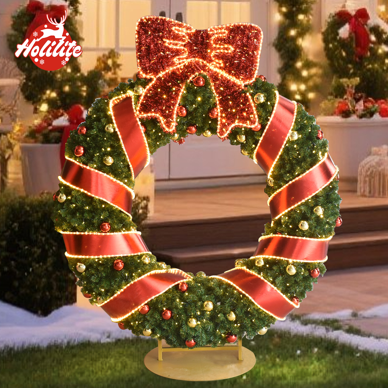 Giant Christmas wreath display designed for malls, plazas and public spaces with ribbon lights and festive ornaments