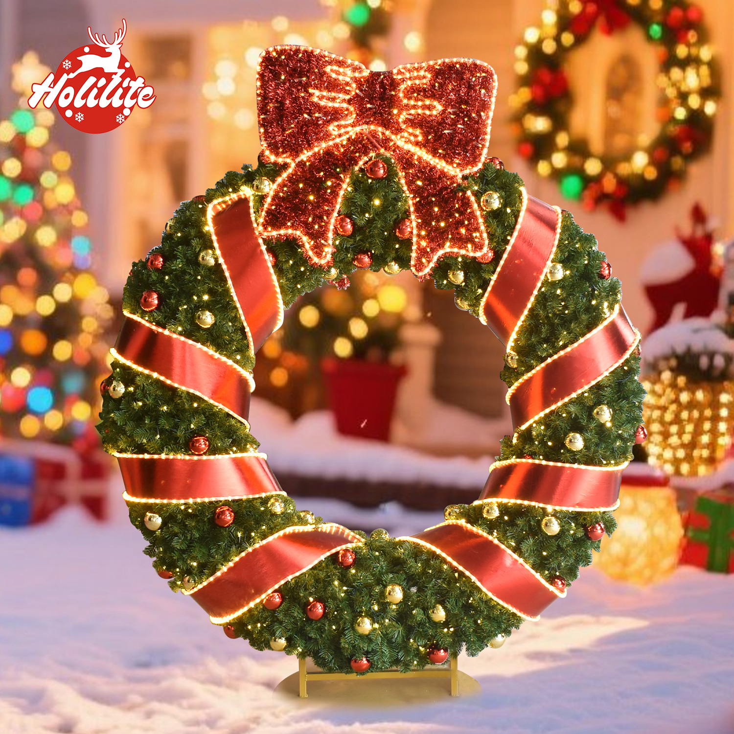 LED Christmas garland wreath with glossy ornaments and ribbon for commercial outdoor Christmas decoration projects