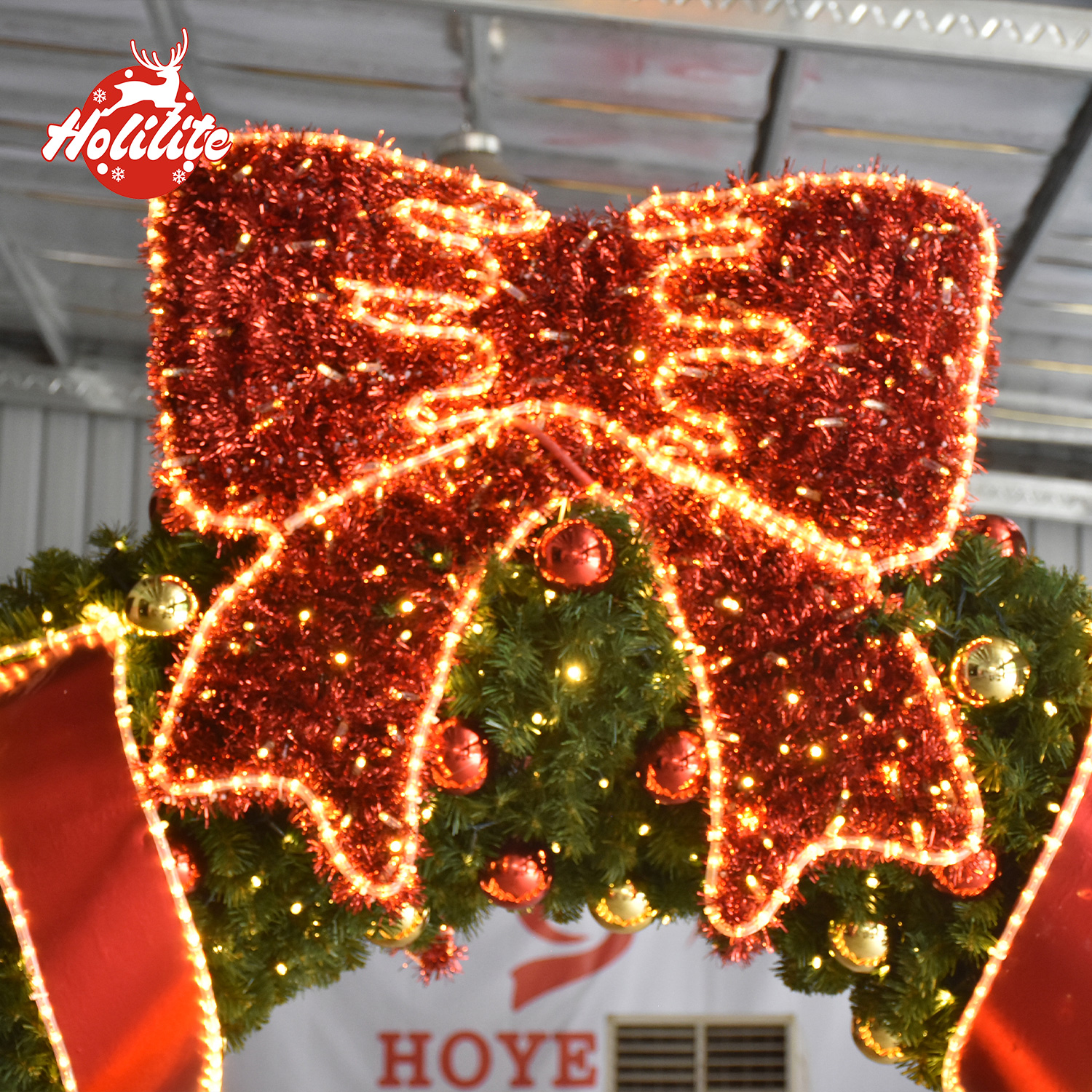 Commercial Christmas Wreath outdoor decoration with red bow ribbon and LED lights