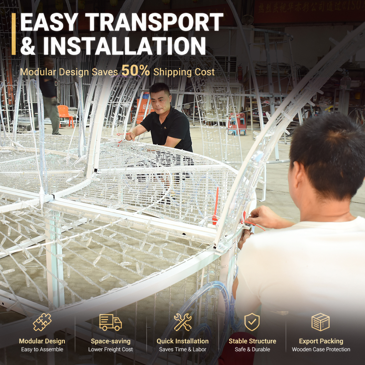 Workers assembling modular sections of a giant outdoor LED fountain light sculpture
