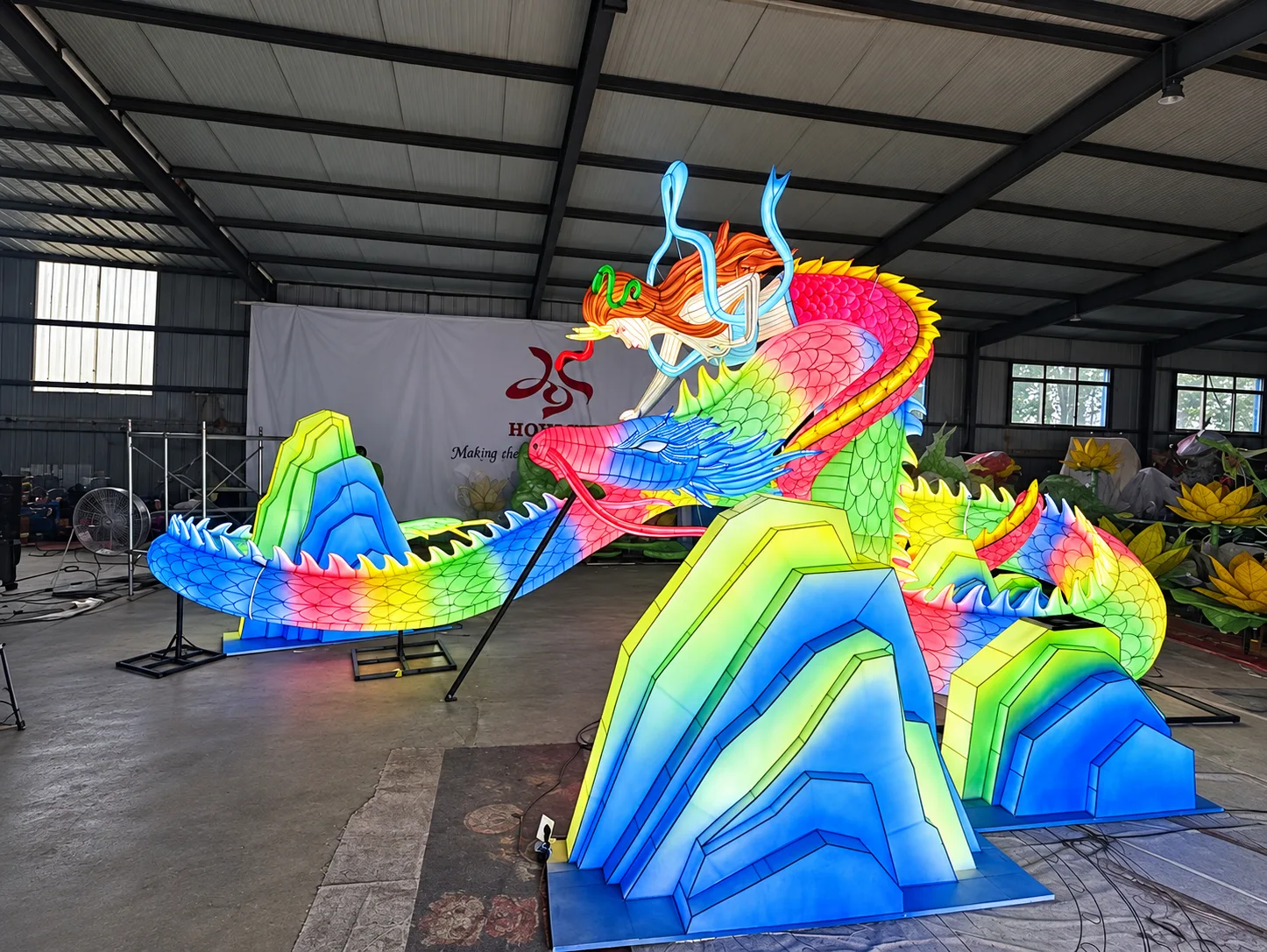 Custom Chinese dragon lantern display during factory production