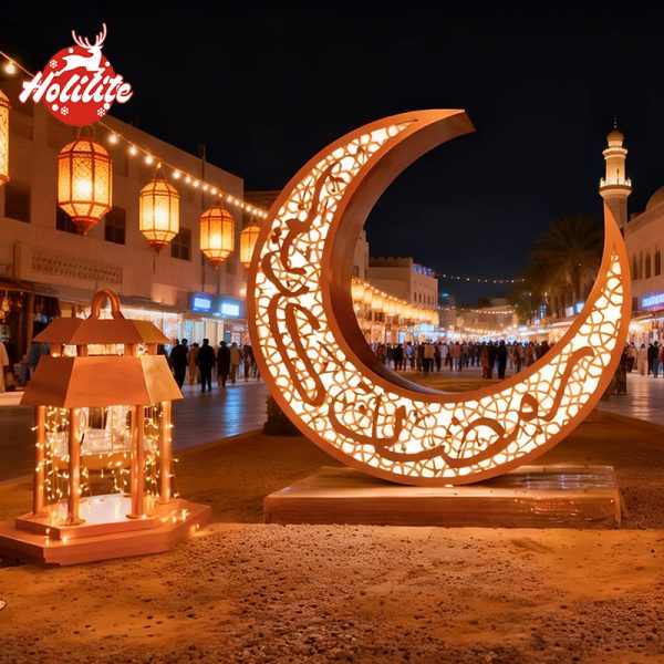 Commercial Ramadan crescent moon light installation for festival displays