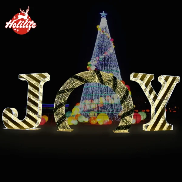 Outdoor illuminated letter lighting decoration used in a commercial plaza to create a festive atmosphere