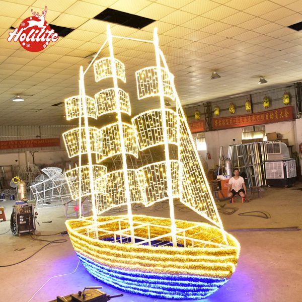 Giant LED Sailboat Light Sculpture – Waterproof Outdoor Decorative Lighting for Parks, Plazas